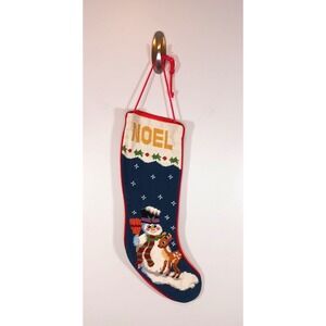 Christmas Cross Stitch Snowman Vintage Noel Stocking Velvet Backside